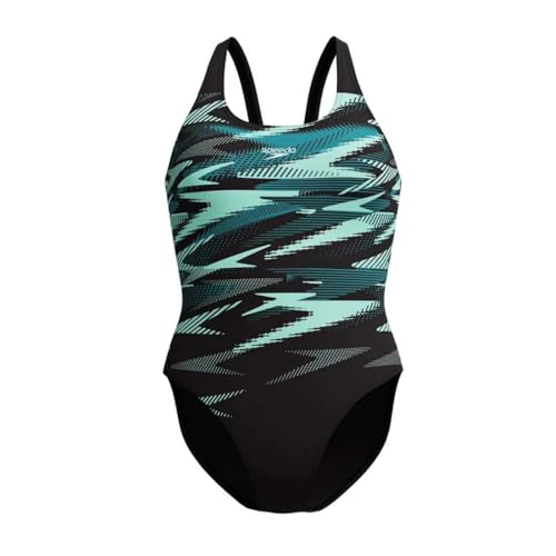 Speedo Hyperboom Placement Muscleback Badeanzug Damen schnelltrocknend und chlorbeständig, Farbe:Schwarz-Grün, Größe:46 von Speedo