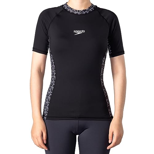 Speedo Kurzarm-Rashguard für Damen, UPF50+, UV-Sonnenschutz, Top-T-Shirt, schnell trocknende Schwimmshirts, Schwarz/Weiß (as3, Alpha, l, Regular, Regular) von Speedo