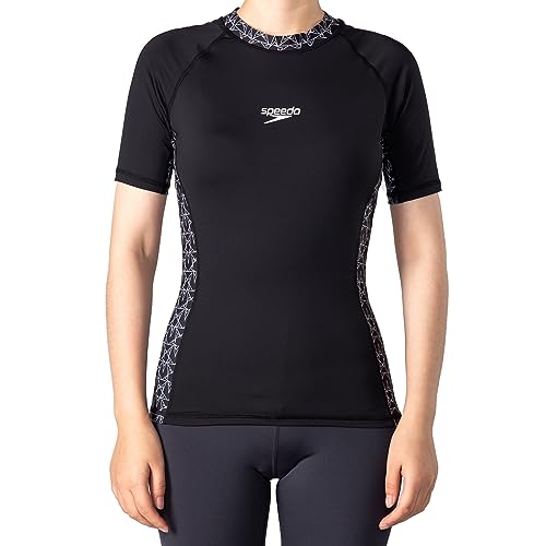 Speedo Kurzarm-Rashguard für Damen, UPF50+, UV-Sonnenschutz, Top-T-Shirt, schnell trocknende Schwimmshirts, Schwarz/Weiß (as3, Alpha, x_l, Regular, Regular) von Speedo