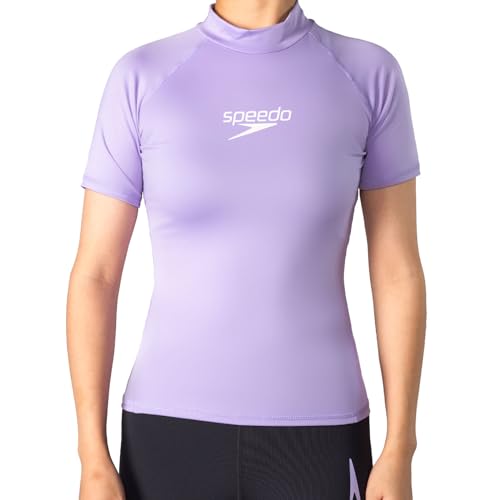 Speedo Kurzarm Rashguard für Damen UV Shirt UPF50+ Top T-Shirts schnelltrocknende Schwimmshirts, Kandiszucker/Weiß,L von Speedo