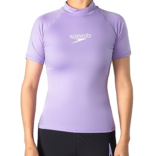 Speedo Kurzarm Rashguard für Damen UV Shirt UPF50+ Top T-Shirts schnelltrocknende Schwimmshirts, Kandiszucker/Weiß,M von Speedo