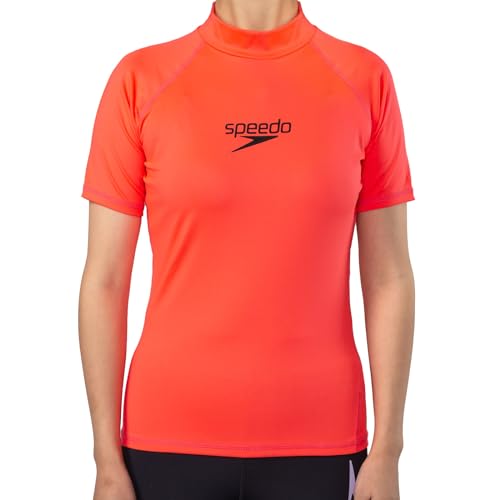 Speedo Kurzarm Rashguard für Damen UV Shirt UPF50+ Top T-Shirts schnelltrocknende Schwimmshirts, Phoenix Rot/Schwarz,S von Speedo