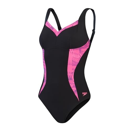 Speedo LunaElustre Damen Badeanzug mit Aufdruck, Schwarz / Bloomious Pink Cupid Coral, Schwarz/Bloomious Pink/Cupid Coral, 42 von Speedo