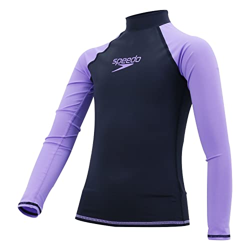 Speedo Mädchen Rash Guard Langarm, UPF 50+ UV-Sonnenschutz, schnell trocknendes Schwimmshirt (10, SCHWARZ/Ultraviolet) von Speedo