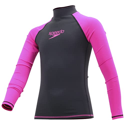 Speedo Mädchen Rash Guard Langarm, UPF 50+ UV-Sonnenschutz, schnell trocknendes Schwimmshirt (14, SCHWARZ/ELEKTRISCHES PINK) von Speedo