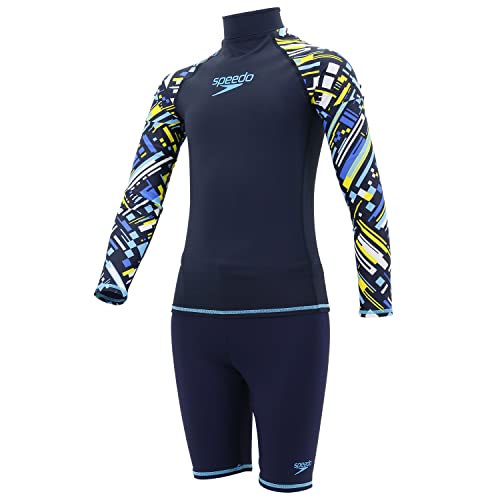 Speedo Outfit-Set aus Rashguard und Badehose für Jungen, UPF 50+ Langarm-Badeshirt und Badeanzug-Set, True Navy/Türkis (8, True Navy) (14) von Speedo