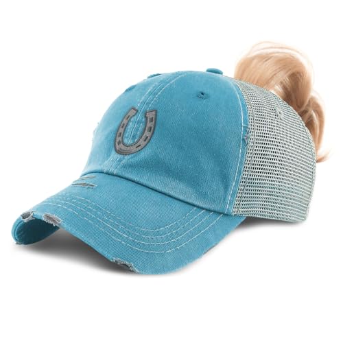 Pferdeschwanz Kappe Damen Baseball Cap Bestickt Western Bauernhof Hufeisen Hufeisen Baumwolle, Nur türkisfarbenes Design, Einheitsgröße von Speedy Pros