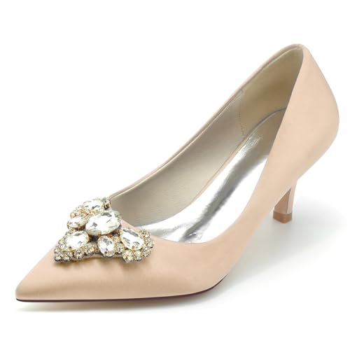 Brautschuhe Frauen Satin Geschlossene Zehe Hochzeit Schuhe für Braut Pumps Hochzeitsschuhe,Champagne,38 EU von Speesy