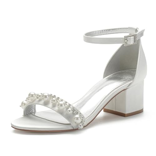 EXECAB Damen Hochzeit Schuhe Sandalen Sommer Offener Zeh Blockabsatz Schuhe Brautschuhe,Elfenbein,40 EU (white, Erwachsene, Damen, 39, Numerisch, EU Schuhgrößensystem, M) von EXECAB