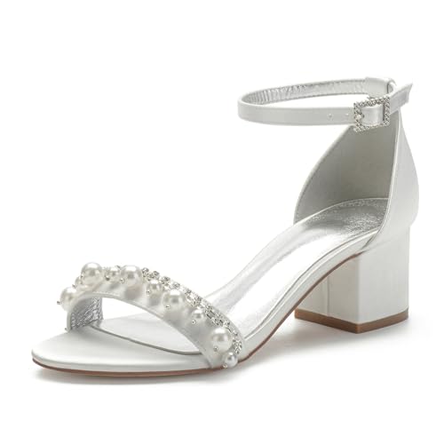 Damen Hochzeit Schuhe Sandalen Sommer Offener Zeh Blockabsatz Schuhe Brautschuhe,Elfenbein,43 EU von Speesy