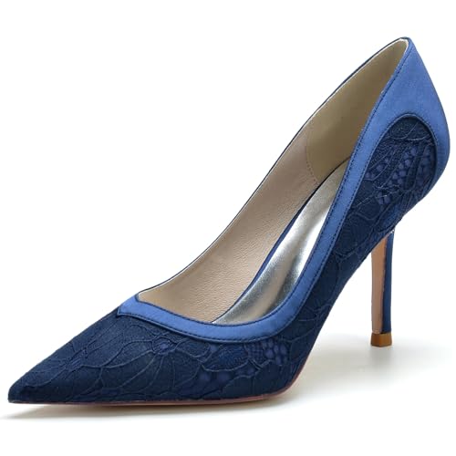 Pumps High Heel Sexy Geschlossene Sandalen Damen Spitze Brautschuhe Spitz Zehen Kleid Pumps Schuhe,Dark Blue,36 EU von Speesy