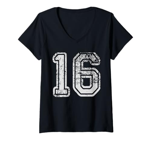 Damen Team Trikot Uniformen Nummer 16 sechzehn Schule Sport Geburtstag T-Shirt mit V-Ausschnitt Damen Team Trikot Uniformen Nummer 16 sechzehn Schule Sport Geburtstag T-Shirt mit V-Ausschnitt von Spell it on Shirts Numbers and Letters Click HERE