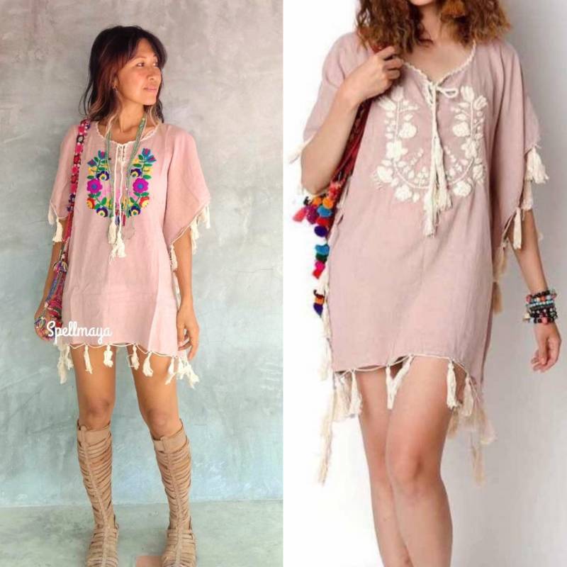 Boho Bestickte Kaftan Bluse, Hippie Flower Power Hand Bestickt Erdfarben Ponchos/Langer Kaftan/Tunika Kleid Mit Fransen von SpellMaya