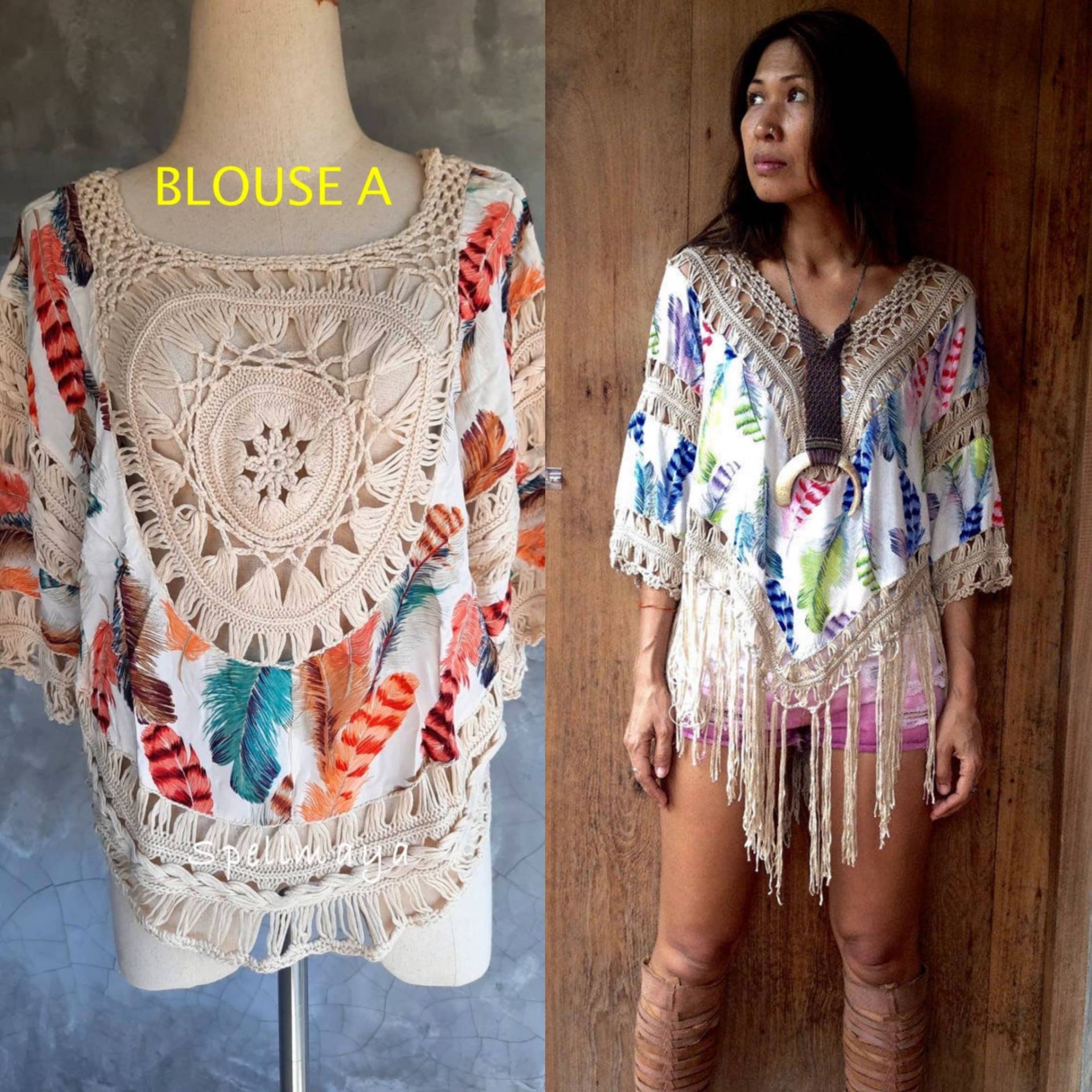 Frauen Hippie Franse/Makramee Häkelbluse Feder Fransen Top Boho Weiße Bluse Strandkleidung von SpellMaya