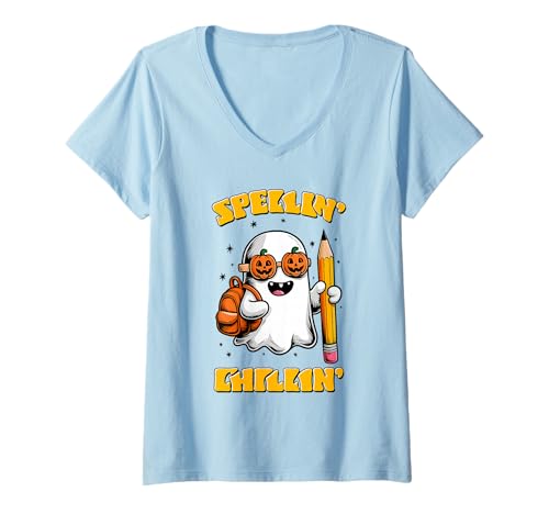 Damen Spellin' Chillin' Shirt, süßes Gespenst mit Bleistift, Halloween T-Shirt mit V-Ausschnitt Damen Spellin' Chillin' Shirt, süßes Gespenst mit Bleistift, Halloween T-Shirt mit V-Ausschnitt von Spellin' Chillin' Tee Shirts for Halloween