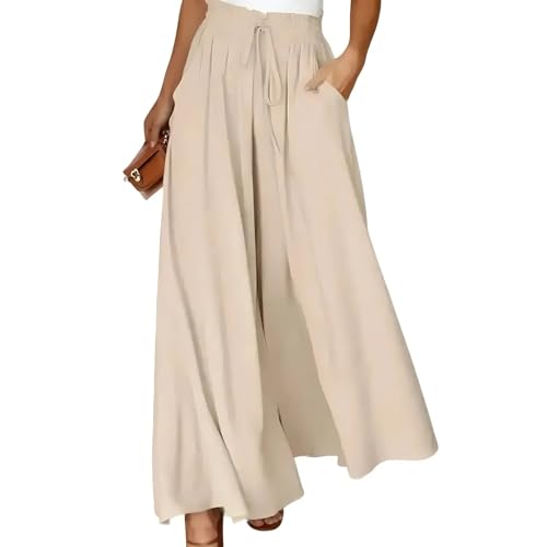 Spesh Sommerhose Damen Locker Stoffhose mit High Waist Leichte Sommerhose mit Weite Bein Elegante Strandhose Damen Weite Hosen für Büro/Freizeit/Strandurlaub(Beige,L) von Spesh
