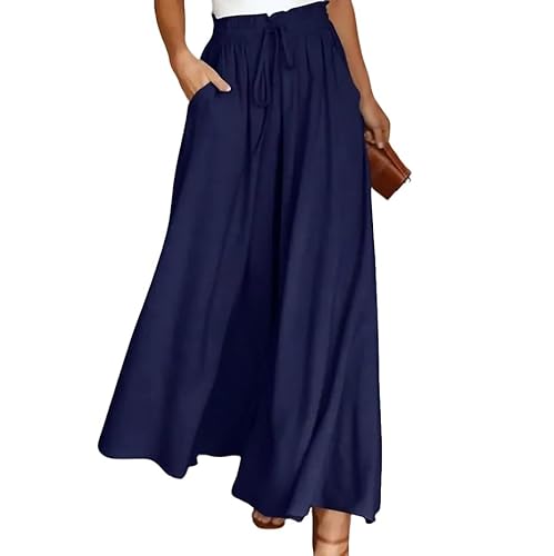 Spesh Sommerhose Damen Locker Stoffhose mit High Waist Leichte Sommerhose mit Weite Bein Elegante Strandhose Damen Weite Hosen für Büro/Freizeit/Strandurlaub(Blau,XL) von Spesh