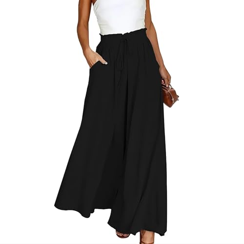 Spesh Sommerhose Damen Locker Stoffhose mit High Waist Leichte Sommerhose mit Weite Bein Elegante Strandhose Damen Weite Hosen für Büro/Freizeit/Strandurlaub(Schwarz,XL) von Spesh