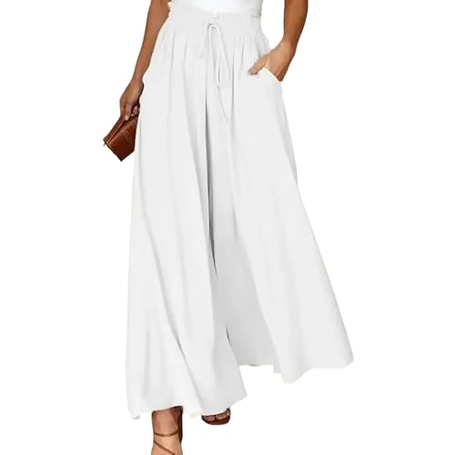 Spesh Sommerhose Damen Locker Stoffhose mit High Waist Leichte Sommerhose mit Weite Bein Elegante Strandhose Damen Weite Hosen für Büro/Freizeit/Strandurlaub(Weiß,M) von Spesh