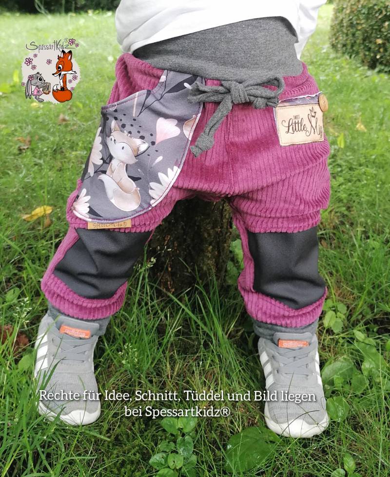 Outdoorhose Fuchs Pumphose, Jogger Kitahose Matschhose Krabbelhose Kindergartenhose Cord Füchse Mit Oder Ohne Kordel Label Wählbar von Spessartkidz