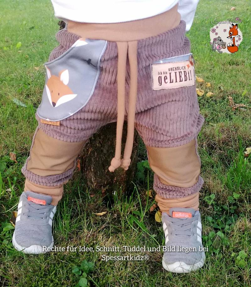 Outdoorhose Fuchs Pumphose, Jogger Kitahose Matschhose Krabbelhose Kindergartenhose Cord Füchse Mit Oder Ohne Kordel Label Wählbar von Spessartkidz