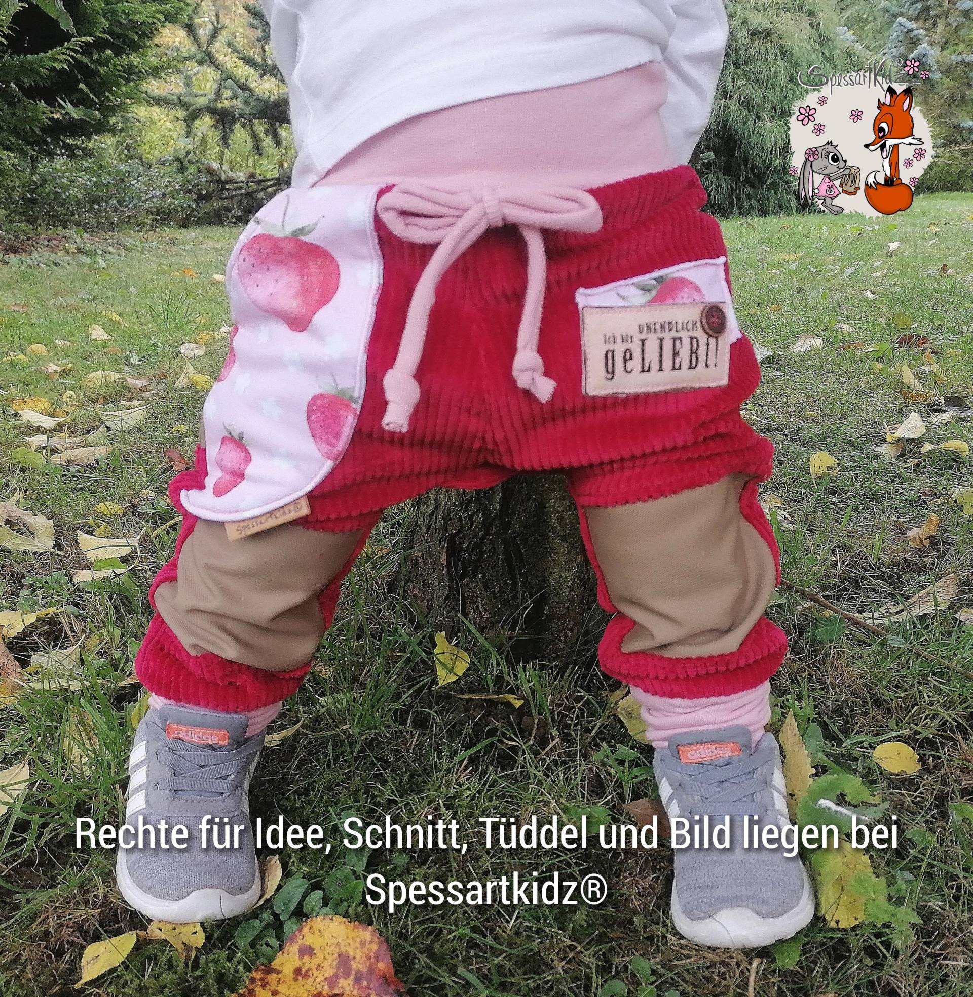 Outdoorhose Fuchs Pumphose, Jogger Kitahose Matschhose Krabbelhose Kindergartenhose Cord Rot Erdbeeren Mit Oder Ohne Kordel Label Wählbar von Spessartkidz