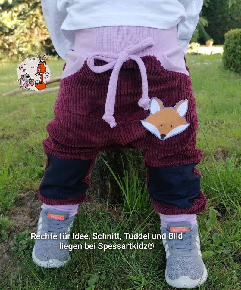 Outdoorhose Pumphose, Jogger Kitahose Matschhose Krabbelhose Kindergartenhose Cord | Bündchen Flieder Füchse Mit Oder Ohne Kordel von Spessartkidz