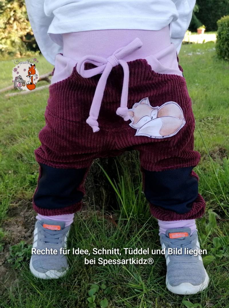 Outdoorhose Pumphose, Jogger Kitahose Matschhose Krabbelhose Kindergartenhose Cord | Bündchen Flieder Füchse Mit Oder Ohne Kordel von Spessartkidz