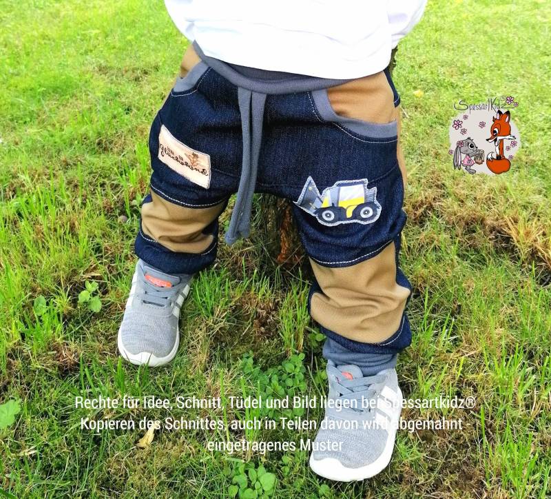 Outdoorhose Pumphose, Jogger Kitahose Matschhose Krabbelhose Kindergartenhose Jeans Bagger Radlader Baufahrzeige Mit Oder Ohne Kordel von Spessartkidz