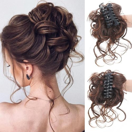 1 Stück Haargummi mit Haaren,Dunkelbraun Haarteil mit Klammer,Voluminös Curly Synthetik Messy Bun mit Clip,Curly Messy Bun Haarteil,für Damen Mädchen von SpetngSake
