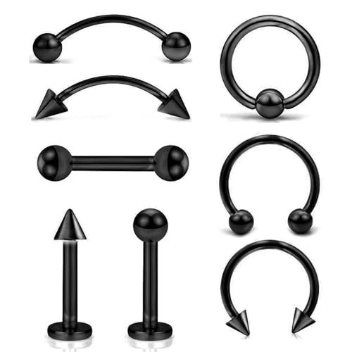 8 Stück 16G 10MM Hufeisen Septum Nase Ring Set, Nasenpiercing Chirurgenstahl, Schwarz, Edelstahl, Geeignet für Männer und Frauen von SpetngSake