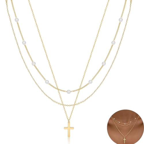 SpetngSake Kreuz Kette Gold Damen, Layering Mit Anhänger, Perlen-Kreuz-Halskette für Sich Selbst, Familie, Freunde, Liebhaber SpetngSake Kreuz Kette Gold Damen, Layering Mit Anhänger, Perlen-Kreuz-Halskette für Sich Selbst, Familie, Freunde, Liebhaber von SpetngSake