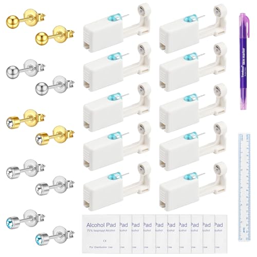 Spetsbst 10 Stück Ohrloch Stecher Set, Einweg Ohrlochpistole Steril Sicherheits Ohrringe Selber Stechen, Ohrring Stechen Piercing Set für Damen Herren Mädchen Jungen von Spetsbst