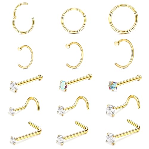 Spetsbst 15 stk Nasenpiercing Ring, 18G Nasenring Gold 316L Chirurgenstahl Nostril Piercing Ring, Nostril Septum Piercing Ring Knorpelohrring Lippenring für Damen Männer von Spetsbst