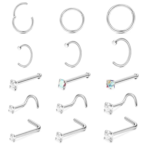Spetsbst 15 stk Nasenpiercing Ring, 20G Nasenring Silber 316L Chirurgenstahl Nostril Piercing Ring, Nostril Septum Piercing Ring Knorpelohrring Lippenring für Damen Männer von Spetsbst