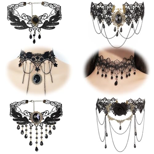 Spetsbst 6 Stück Gothic Halskette Set, Schwarz Choker Kette Damen Lace Halskette Choker Lolita Kostüm Zubehör, Gothic Schmuck Spitze Choker für Halloween Karneval Maskerade von Spetsbst