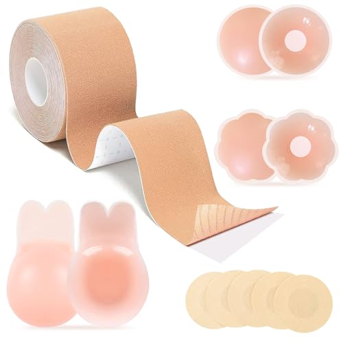 Spetsbst Boob Tape Brust Tape Push Up Klebe BH, Boobietape mit Silikon Nippelpads, Boobytape Brusttape Klebe BH Unsichtbares Nippli Tape, Tape Brust Beige für Körbchengrößen A-G von Spetsbst