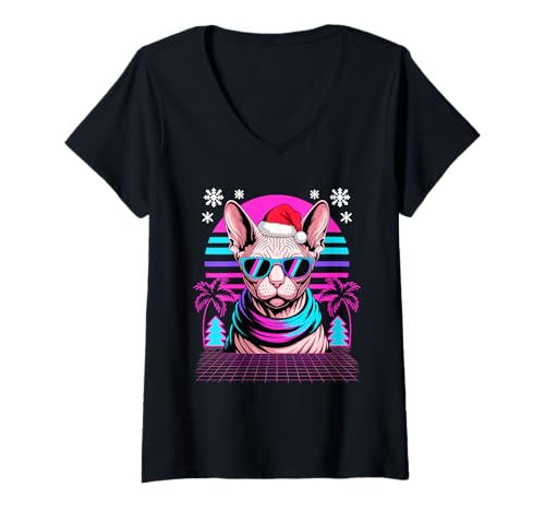 Damen Christmas Synthwave Sphynx Sunglasses Canadian Hairless Cat T-Shirt mit V-Ausschnitt Damen Christmas Synthwave Sphynx Sunglasses Canadian Hairless Cat T-Shirt mit V-Ausschnitt von Sphynx Canadian Hairless Cat Lover Gifts