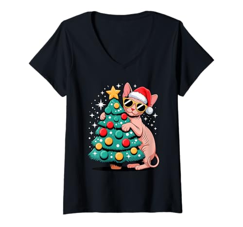 Damen Christmas Tree Sphynx Cat Sunglasses Canadian Hairless Cat T-Shirt mit V-Ausschnitt Damen Christmas Tree Sphynx Cat Sunglasses Canadian Hairless Cat T-Shirt mit V-Ausschnitt von Sphynx Canadian Hairless Cat Lover Gifts