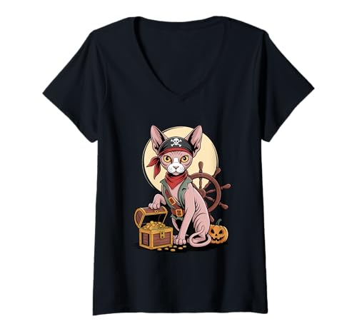 Damen Halloween Pirate Sphynx Cat Treasure Canadian Hairless T-Shirt mit V-Ausschnitt von Sphynx Canadian Hairless Cat Lover Gifts