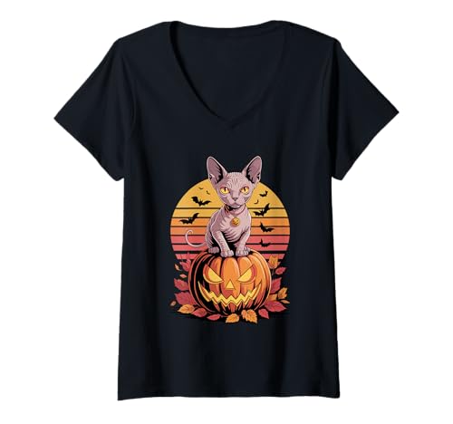 Damen Halloween Retro Sphynx Cat Canadian Hairless Cat T-Shirt mit V-Ausschnitt von Sphynx Canadian Hairless Cat Lover Gifts