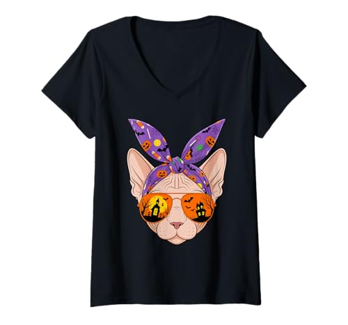 Damen Halloween Sphynx Cat Bandana Canadian Hairless Cat T-Shirt mit V-Ausschnitt von Sphynx Canadian Hairless Cat Lover Gifts