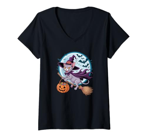 Damen Halloween Witch Sphynx Cat Moon Canadian Hairless T-Shirt mit V-Ausschnitt von Sphynx Canadian Hairless Cat Lover Gifts
