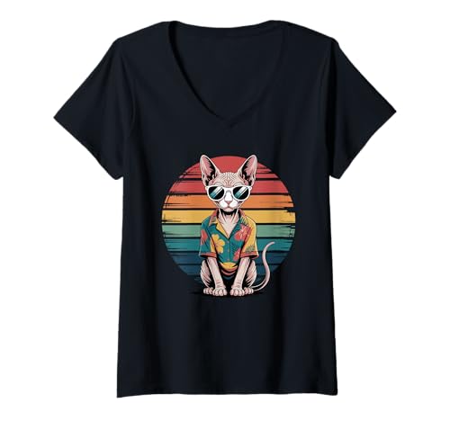 Damen Sphynx Sonnenbrille Hawaii Strand Sommer Nacktkatze T-Shirt mit V-Ausschnitt Damen Sphynx Sonnenbrille Hawaii Strand Sommer Nacktkatze T-Shirt mit V-Ausschnitt von Sphynx Canadian Hairless Cat Lover Gifts