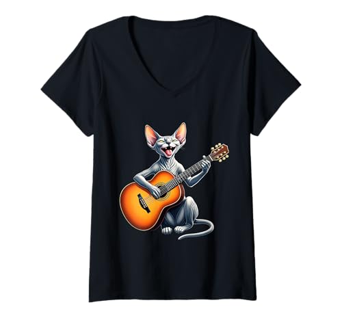 Damen Lustige Sphynx-Katze, die Gitarre spielt, Design für Musikliebhaber T-Shirt mit V-Ausschnitt Damen Lustige Sphynx-Katze, die Gitarre spielt, Design für Musikliebhaber T-Shirt mit V-Ausschnitt von Sphynx Cat Lovers Designs