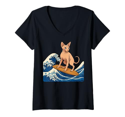 Damen Sphynx Katze Surfen Japanische Welle Ästhetik T-Shirt mit V-Ausschnitt Damen Sphynx Katze Surfen Japanische Welle Ästhetik T-Shirt mit V-Ausschnitt von Sphynx katze Katze Surfer Große Welle Anime