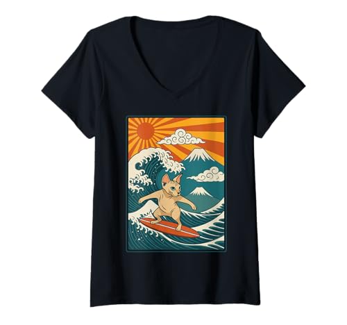 Damen Sphynx Katze Surfen Japanische Welle Ästhetik T-Shirt mit V-Ausschnitt von Sphynx katze Katze Surfer Große Welle Anime