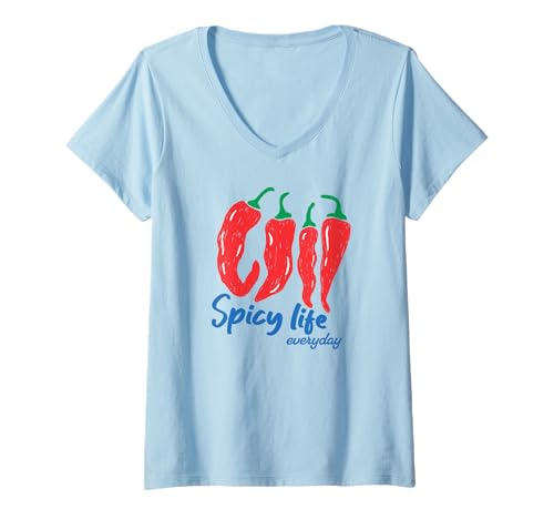 Damen Spicy Life Alltagshemd Lustiges Chili Pepper Heat Lovers T-Shirt mit V-Ausschnitt von Spicy Everyday Chili Pepper Humor Shirts