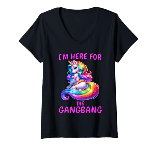 Damen Here for The Gangbang - Lustiger Regenbogen-Einhorn, Erwachsenen-Humor T-Shirt mit V-Ausschnitt Damen Here for The Gangbang - Lustiger Regenbogen-Einhorn, Erwachsenen-Humor T-Shirt mit V-Ausschnitt von Spicy Gang bang Unicorn Adult Sparkle Hen Do Squad