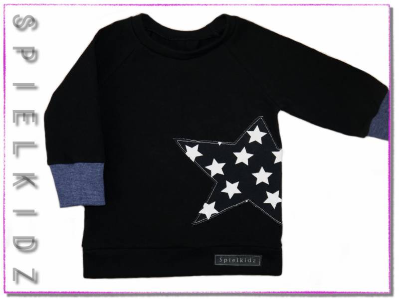 Kinder Pullover Shirt Sterne Vintage Schwarz Wunscharmbündchen von Spielkidz